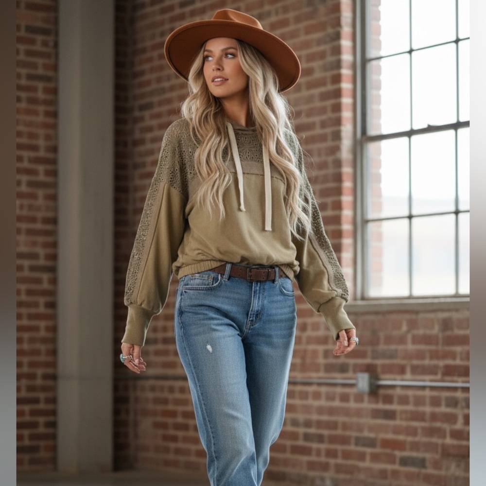 NWT Crochet Eyelet Washed Olive Pullover Hoodie Hooded Sweatshirt